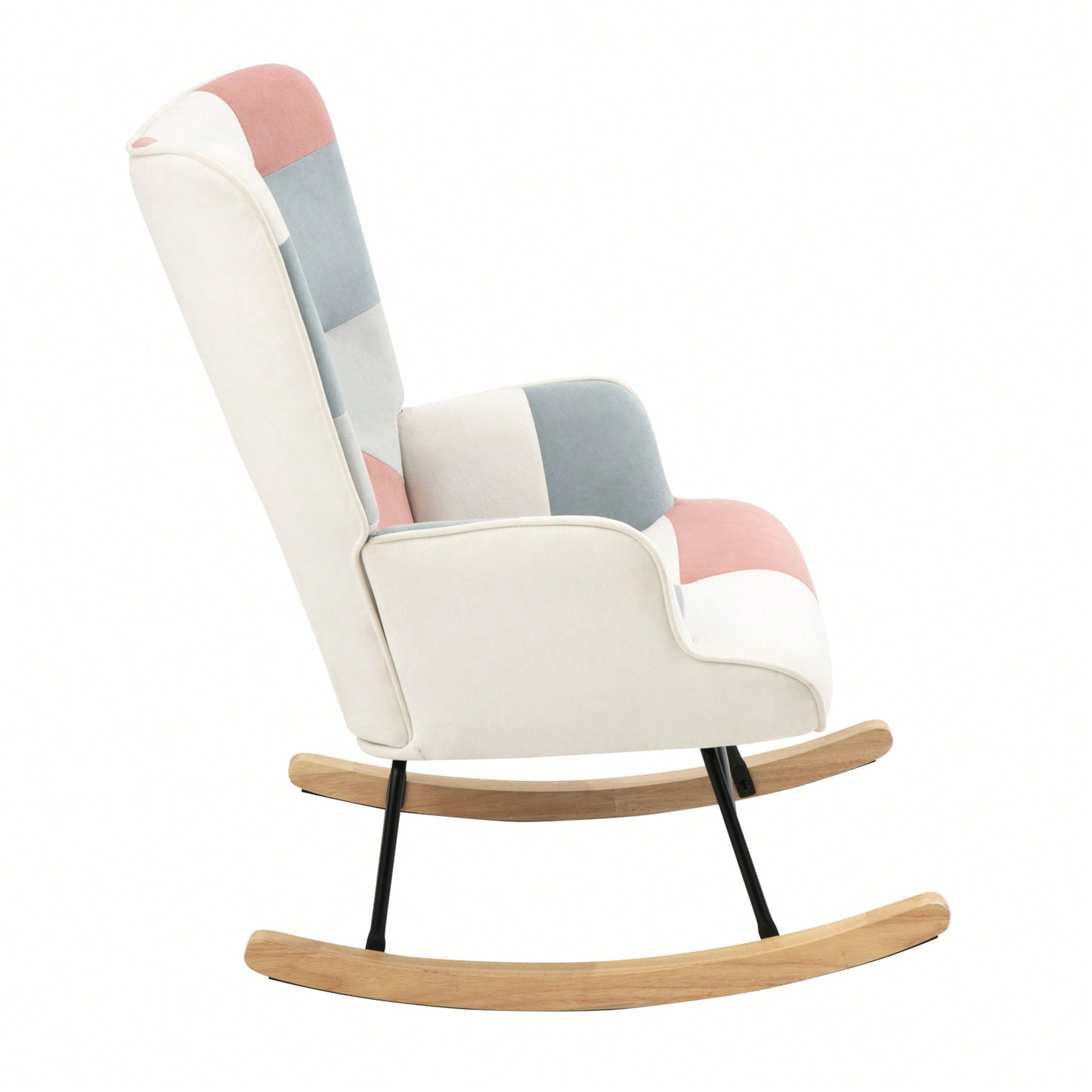 Stylish Mid Century Fabric Rocking Chair With Ottoman, Wood Legs, And Patchwork Linen For Living Room Or Bedroom Decor