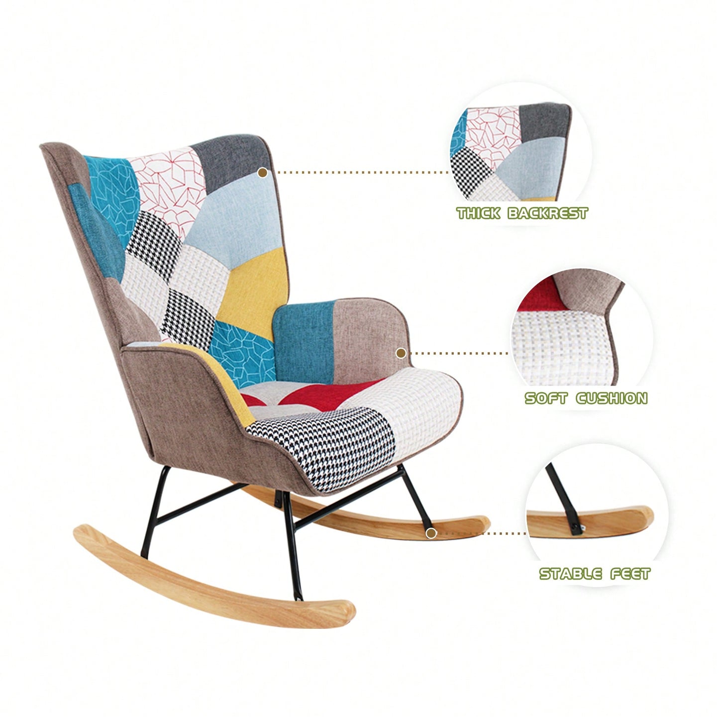 Stylish Mid Century Fabric Rocking Chair With Ottoman, Wood Legs, And Patchwork Linen For Living Room Or Bedroom Decor