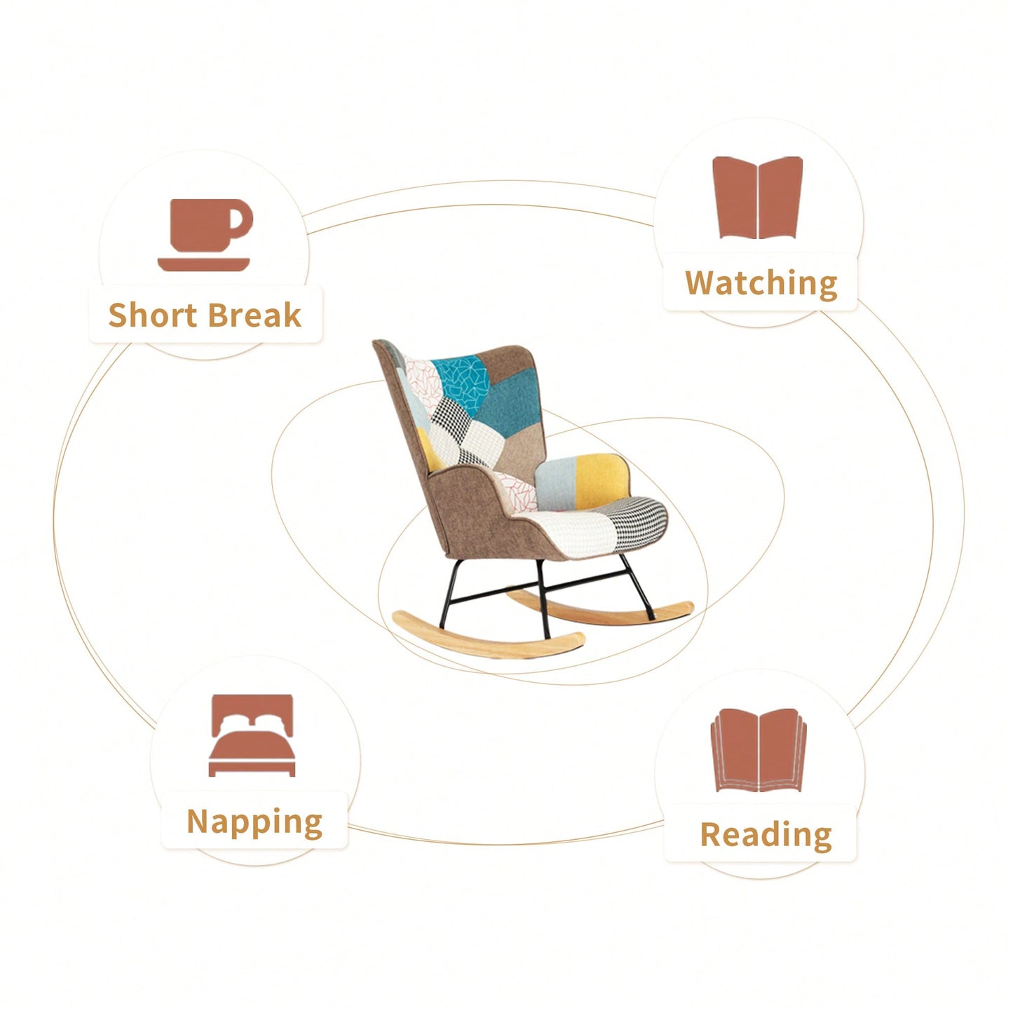 Stylish Mid Century Fabric Rocking Chair With Ottoman, Wood Legs, And Patchwork Linen For Living Room Or Bedroom Decor