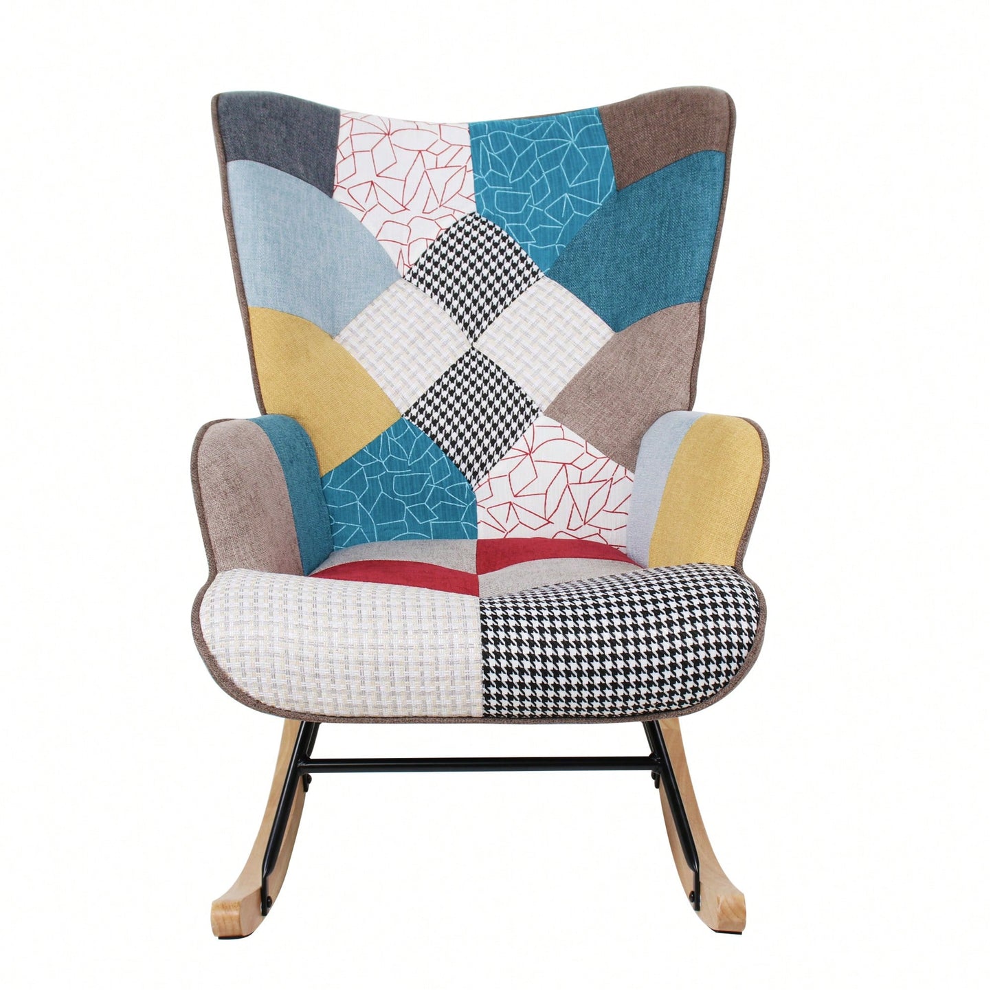 Stylish Mid Century Fabric Rocking Chair With Ottoman, Wood Legs, And Patchwork Linen For Living Room Or Bedroom Decor