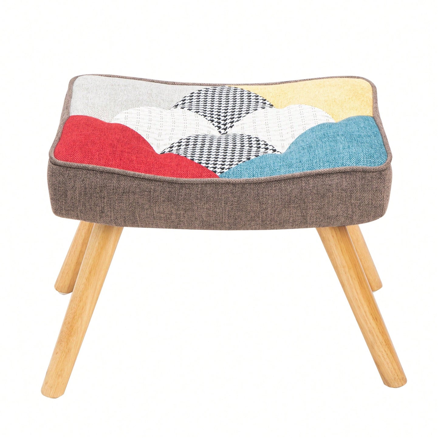 Stylish Mid Century Fabric Rocking Chair With Ottoman, Wood Legs, And Patchwork Linen For Living Room Or Bedroom Decor