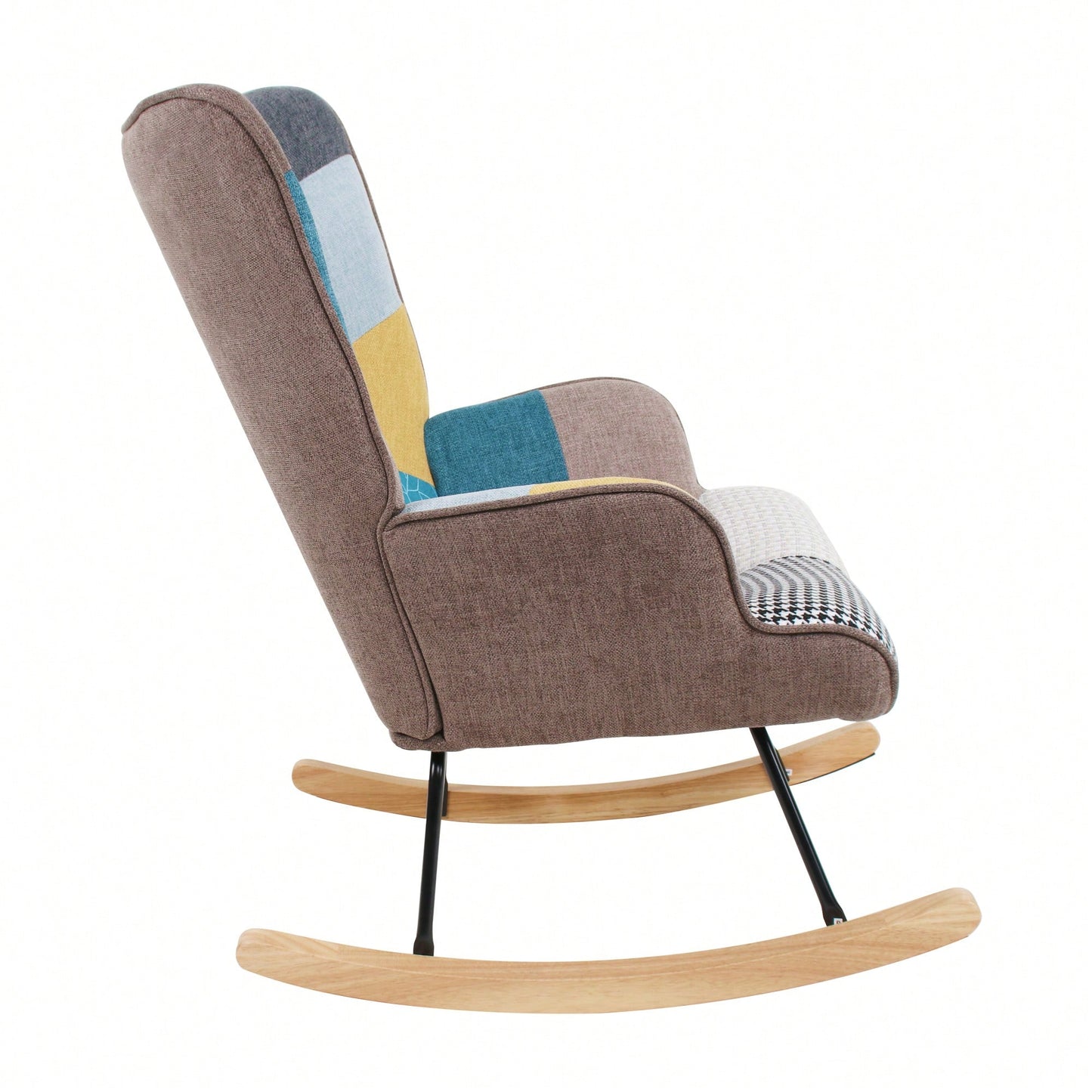 Stylish Mid Century Fabric Rocking Chair With Ottoman, Wood Legs, And Patchwork Linen For Living Room Or Bedroom Decor