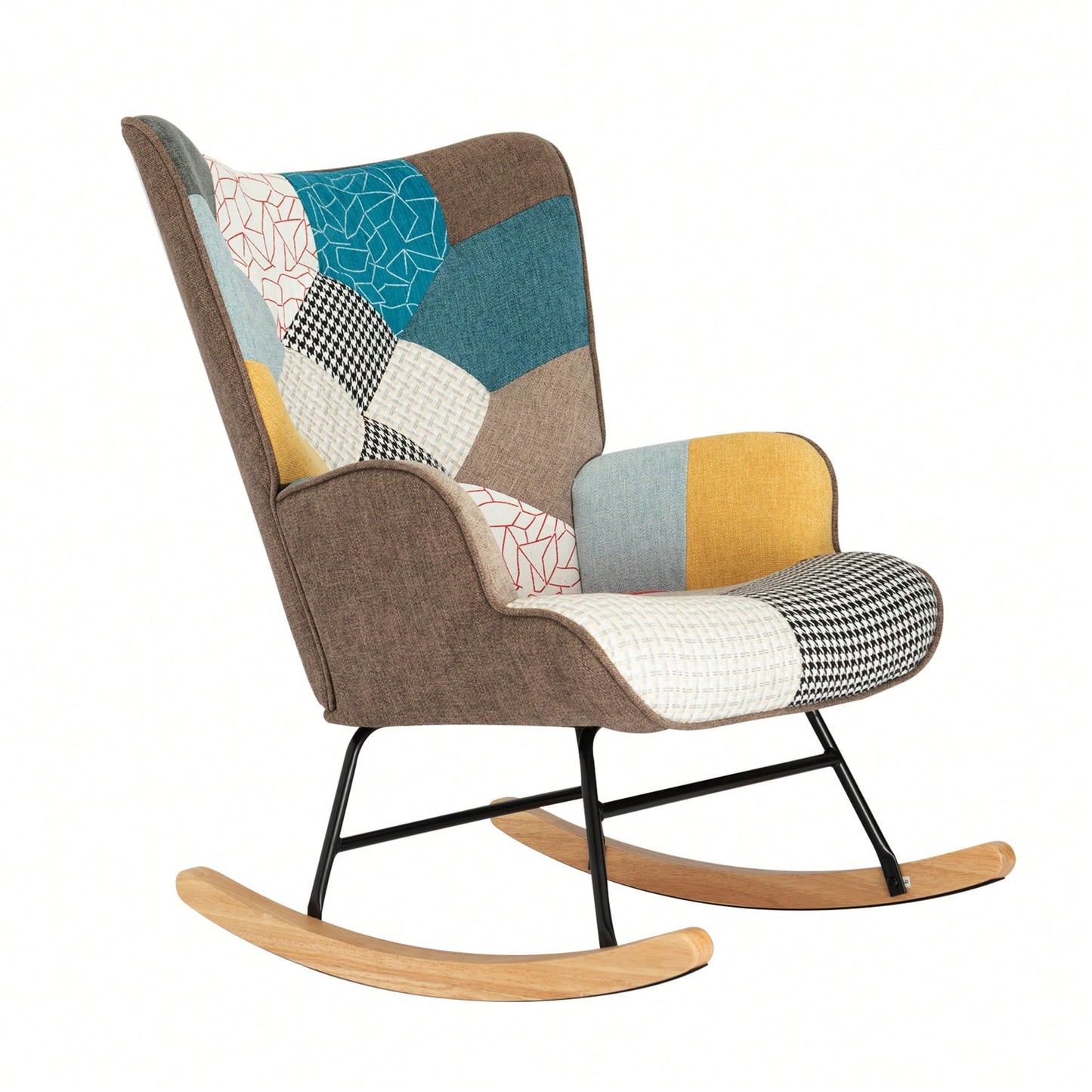 Stylish Mid Century Fabric Rocking Chair With Ottoman, Wood Legs, And Patchwork Linen For Living Room Or Bedroom Decor