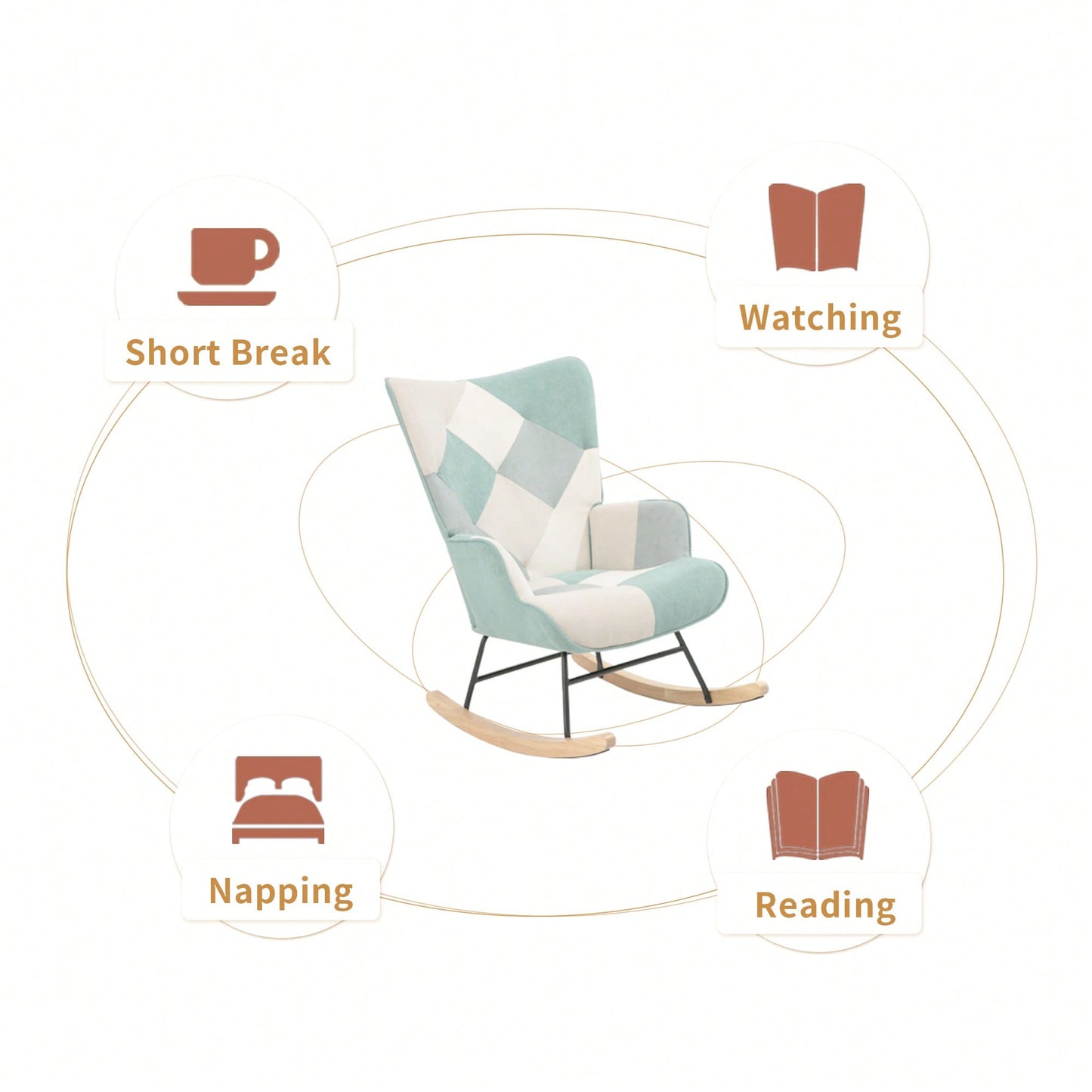 Stylish Mid Century Fabric Rocking Chair With Ottoman, Wood Legs, And Patchwork Linen For Living Room Or Bedroom Decor