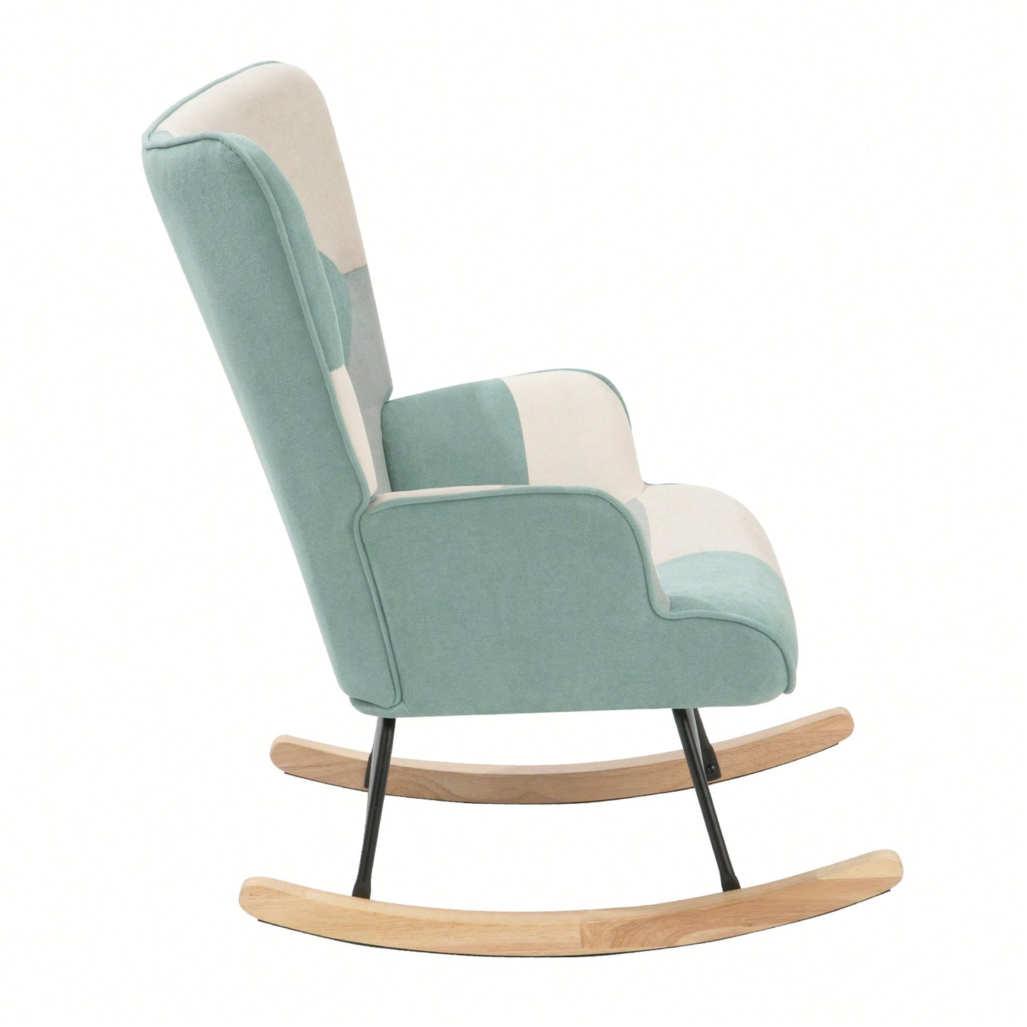 Stylish Mid Century Fabric Rocking Chair With Ottoman, Wood Legs, And Patchwork Linen For Living Room Or Bedroom Decor
