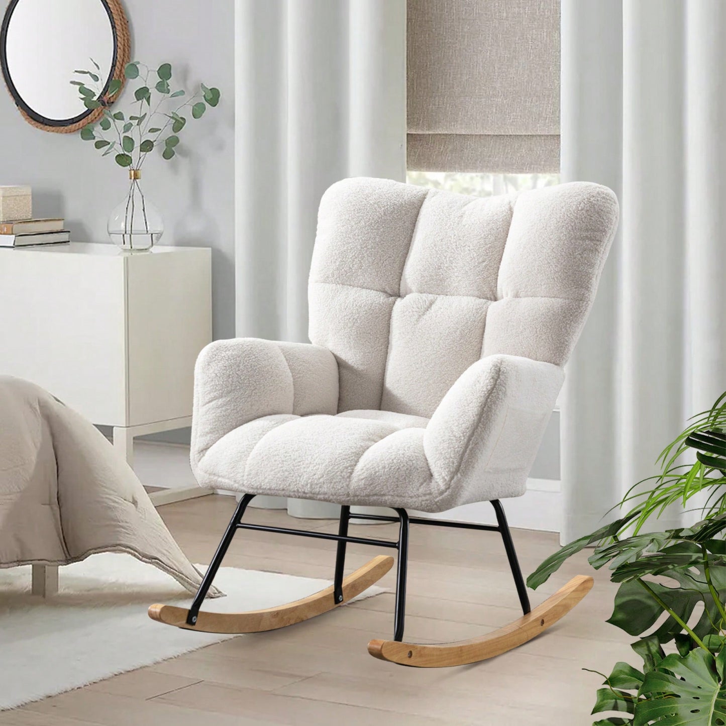 Cozy Upholstered Rocking Chair With High Backrest - Modern Accent Chair For Nursery, Living Room, And Bedroom, Elegant White Fabric