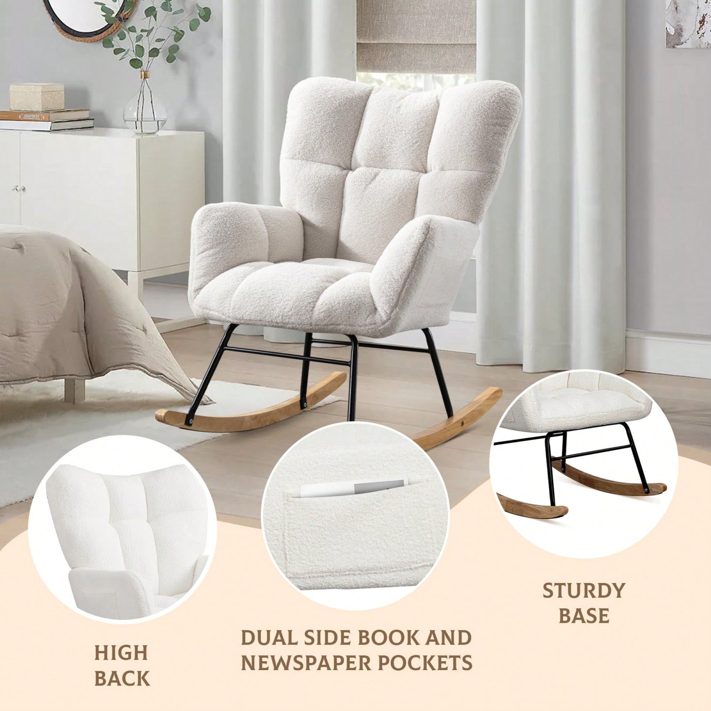 Cozy Upholstered Rocking Chair With High Backrest - Modern Accent Chair For Nursery, Living Room, And Bedroom, Elegant White Fabric