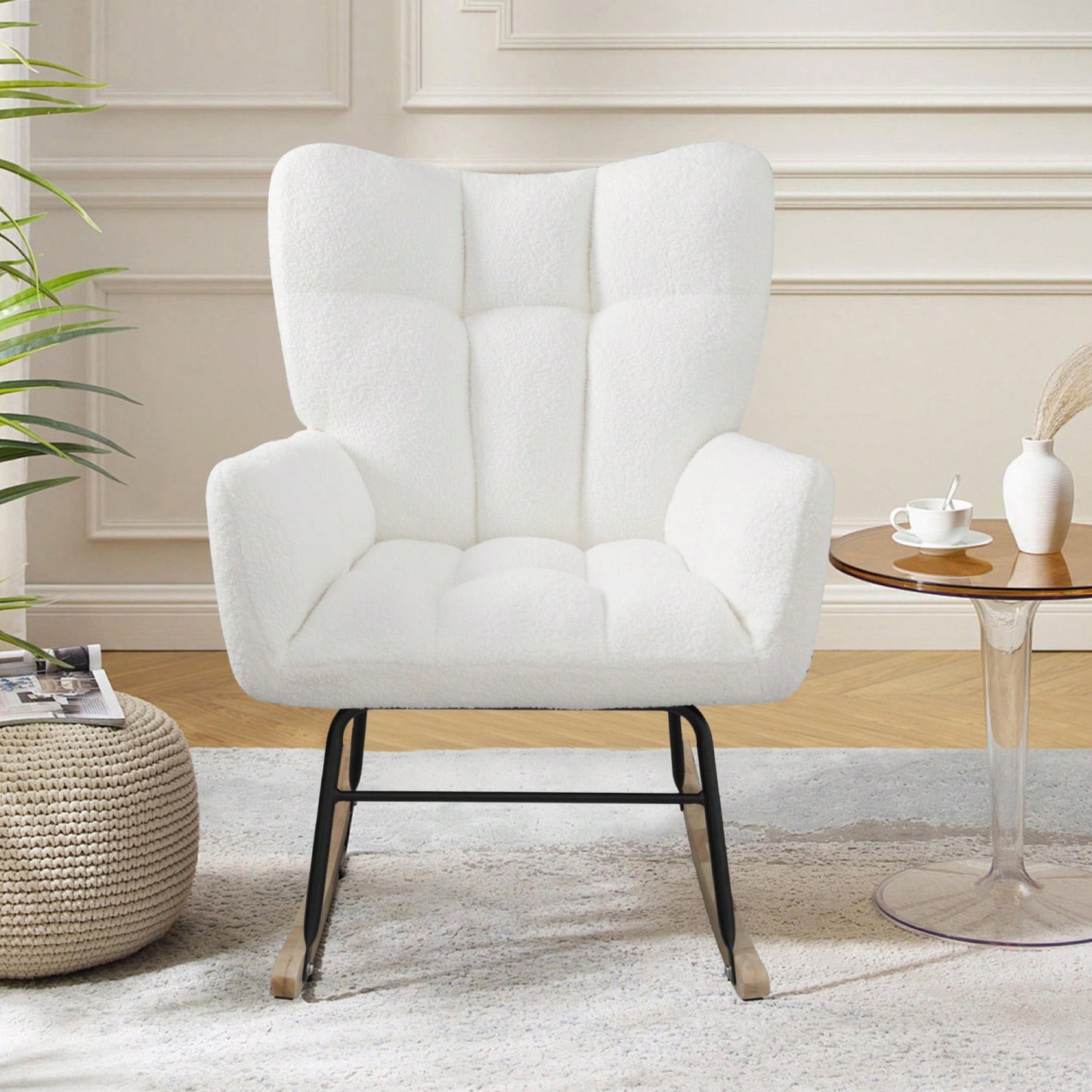 Cozy Upholstered Rocking Chair With High Backrest - Modern Accent Chair For Nursery, Living Room, And Bedroom, Elegant White Fabric