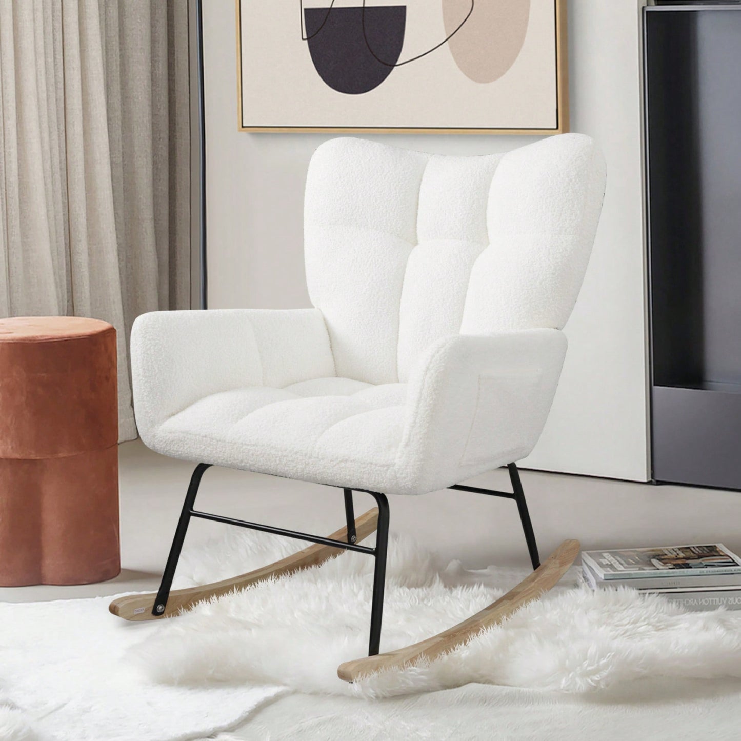 Cozy Upholstered Rocking Chair With High Backrest - Modern Accent Chair For Nursery, Living Room, And Bedroom, Elegant White Fabric