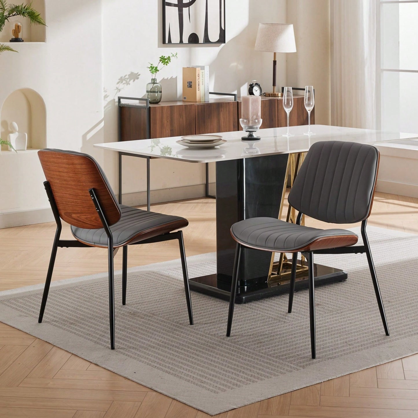 Mid Century Modern Dining Chairs Set of 2 Gray Faux Leather Walnut Bentwood Back Metal Legs Adjustable Feet