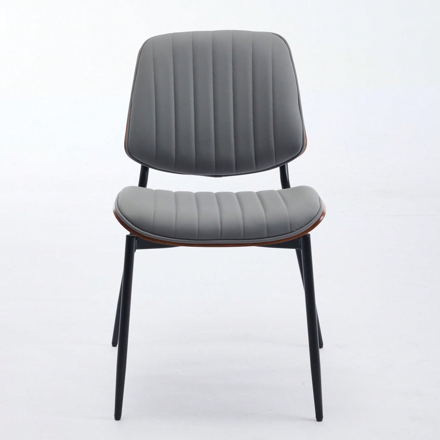 Mid Century Modern Dining Chairs Set of 2 Gray Faux Leather Walnut Bentwood Back Metal Legs Adjustable Feet