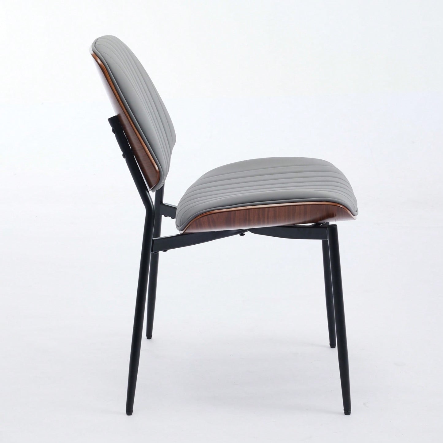 Mid Century Modern Dining Chairs Set of 2 Gray Faux Leather Walnut Bentwood Back Metal Legs Adjustable Feet