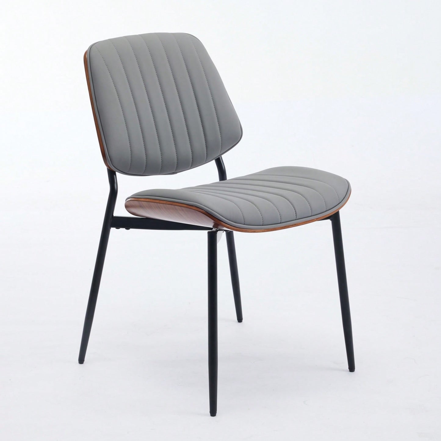 Mid Century Modern Dining Chairs Set of 2 Gray Faux Leather Walnut Bentwood Back Metal Legs Adjustable Feet