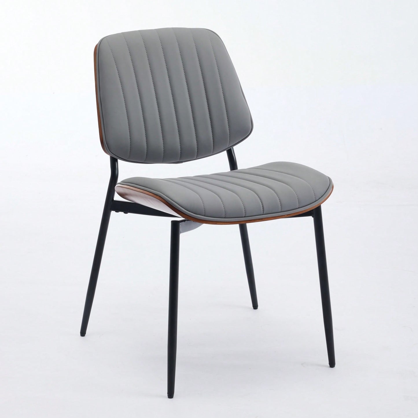 Mid Century Modern Dining Chairs Set of 2 Gray Faux Leather Walnut Bentwood Back Metal Legs Adjustable Feet