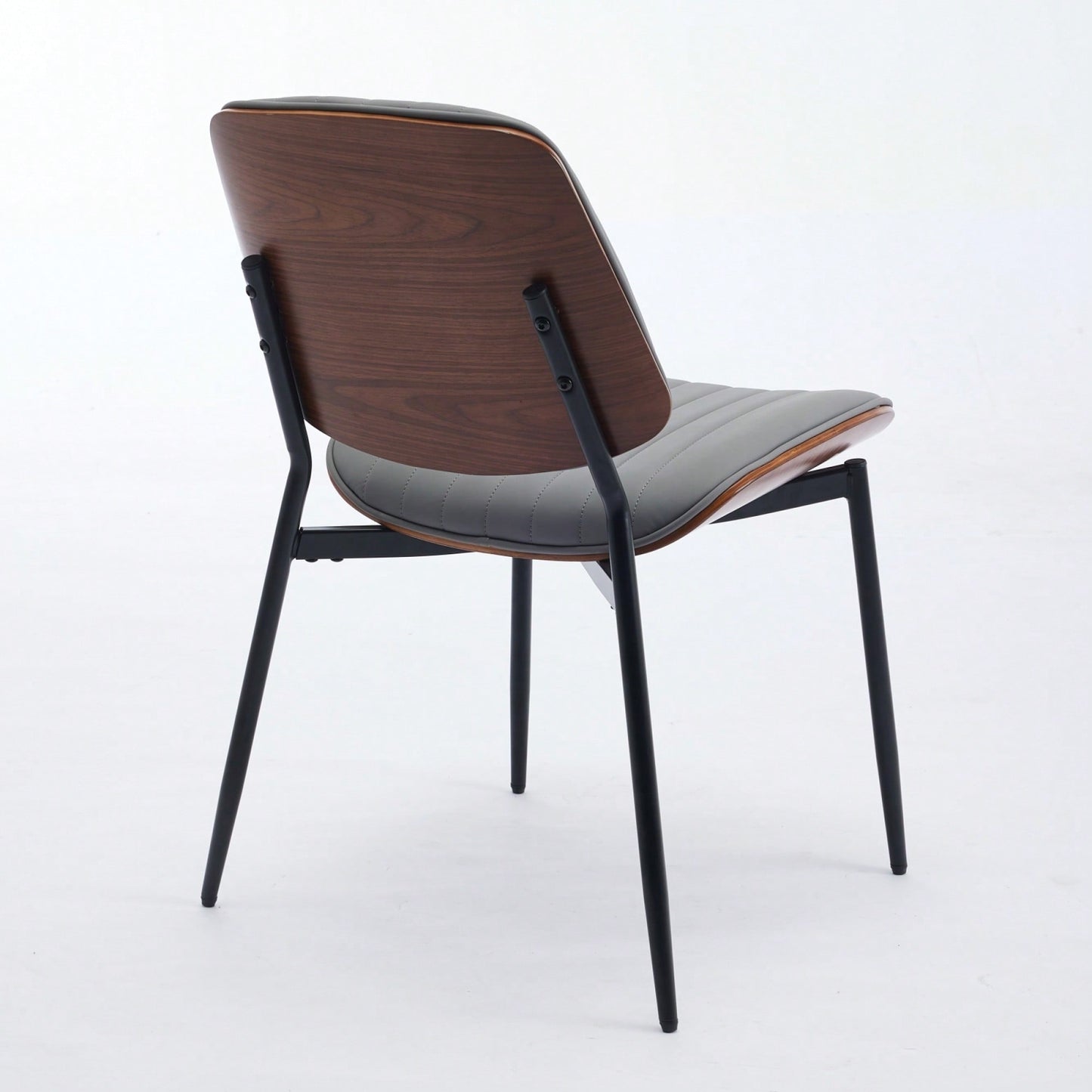 Mid Century Modern Dining Chairs Set of 2 Gray Faux Leather Walnut Bentwood Back Metal Legs Adjustable Feet