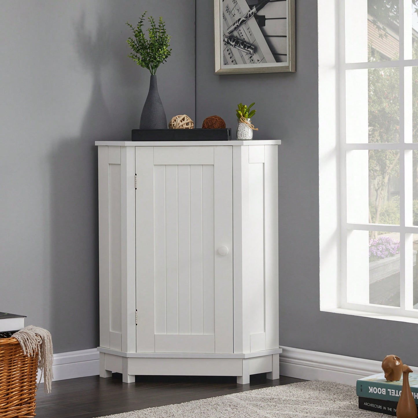 Modern Triangle Corner Bathroom Cabinet With Adjustable Shelf - Black MDF Storage Solution