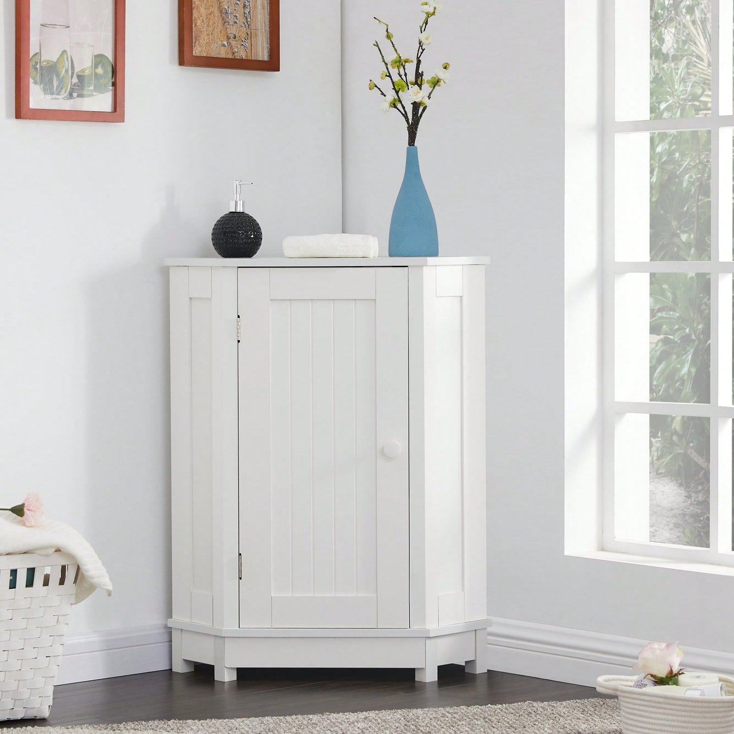 Modern Triangle Corner Bathroom Cabinet With Adjustable Shelf - Black MDF Storage Solution