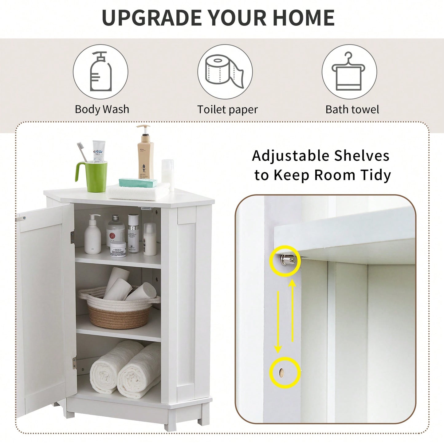 Modern Triangle Corner Bathroom Cabinet With Adjustable Shelf - Black MDF Storage Solution