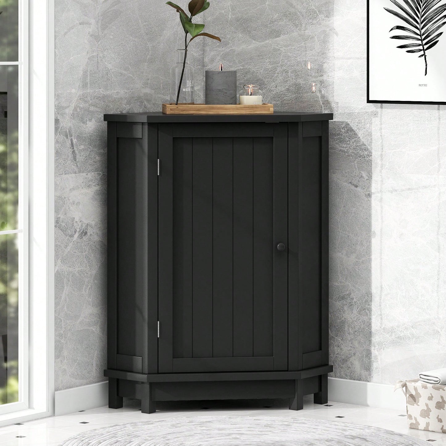 Modern Triangle Corner Bathroom Cabinet With Adjustable Shelf - Black MDF Storage Solution