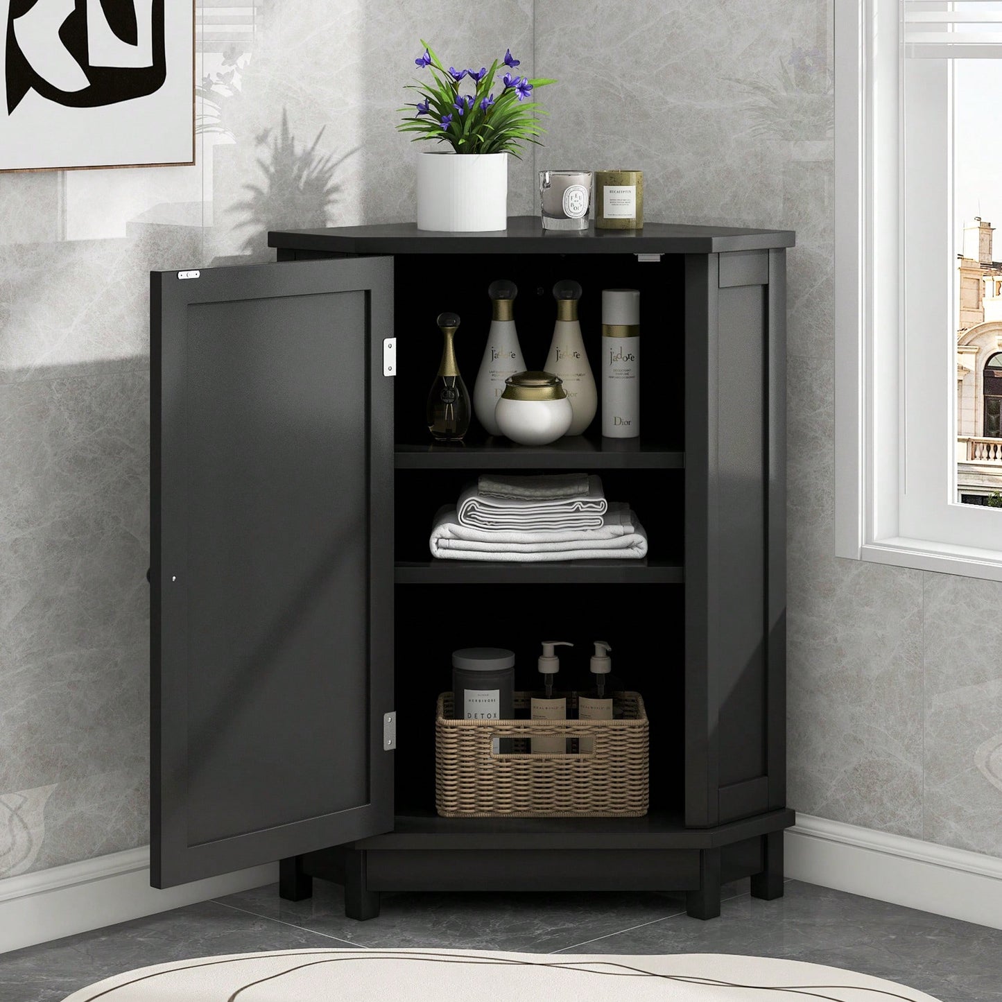 Modern Triangle Corner Bathroom Cabinet With Adjustable Shelf - Black MDF Storage Solution