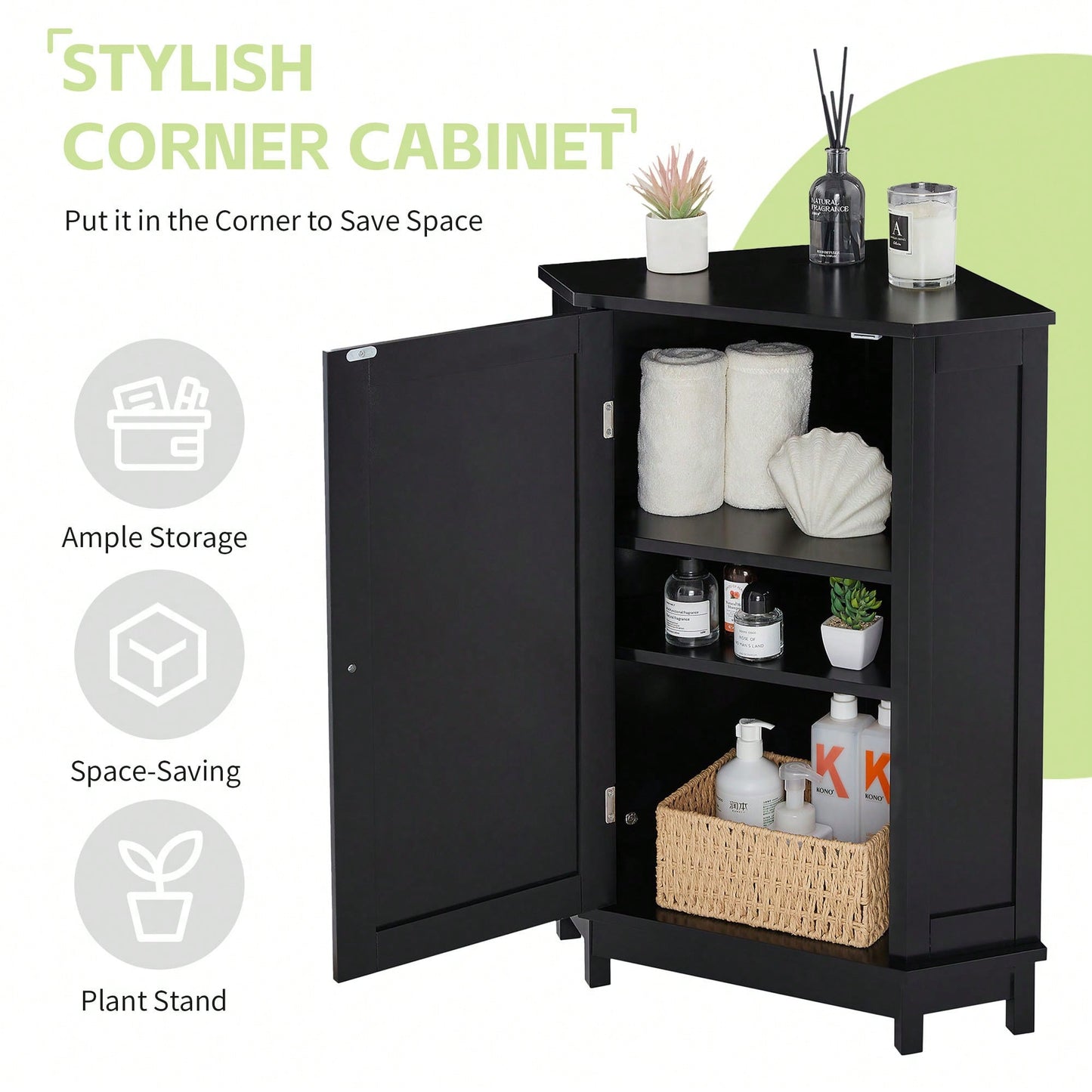 Modern Triangle Corner Bathroom Cabinet With Adjustable Shelf - Black MDF Storage Solution