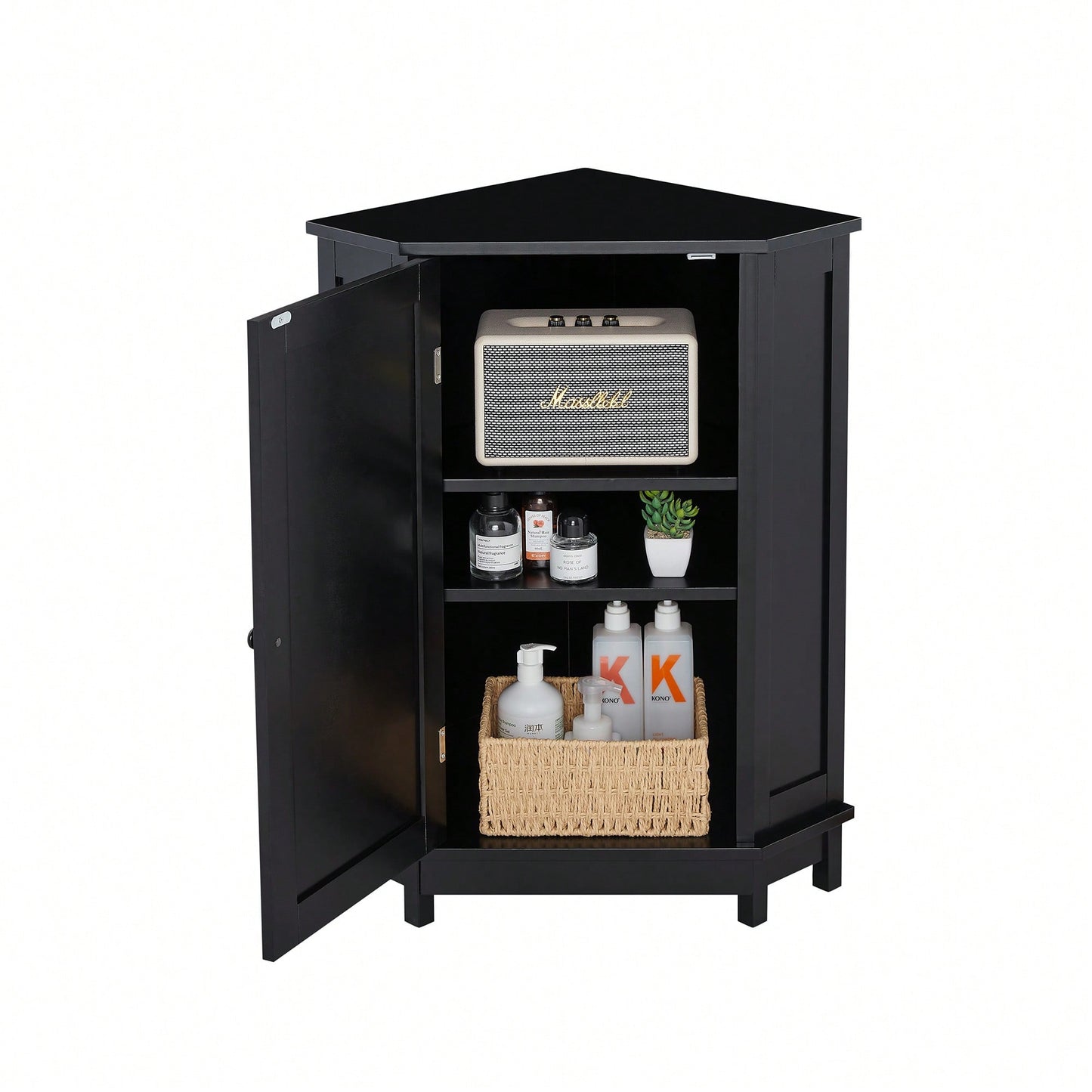 Modern Triangle Corner Bathroom Cabinet With Adjustable Shelf - Black MDF Storage Solution
