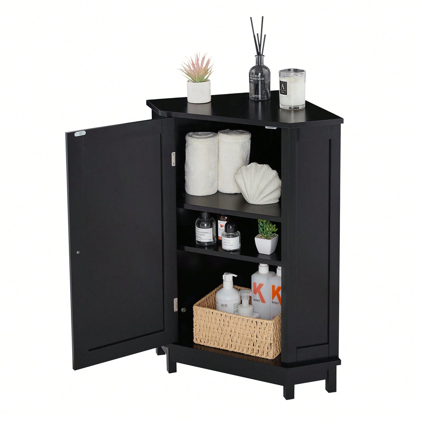 Modern Triangle Corner Bathroom Cabinet With Adjustable Shelf - Black MDF Storage Solution