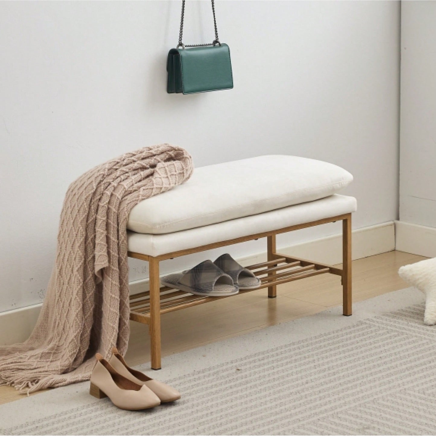 Beige Linen Upholstered End of Bed Bench with Metal Legs and Shelf - Stylish Storage for Living Room Entryway Dining Room Supports 300 LB
