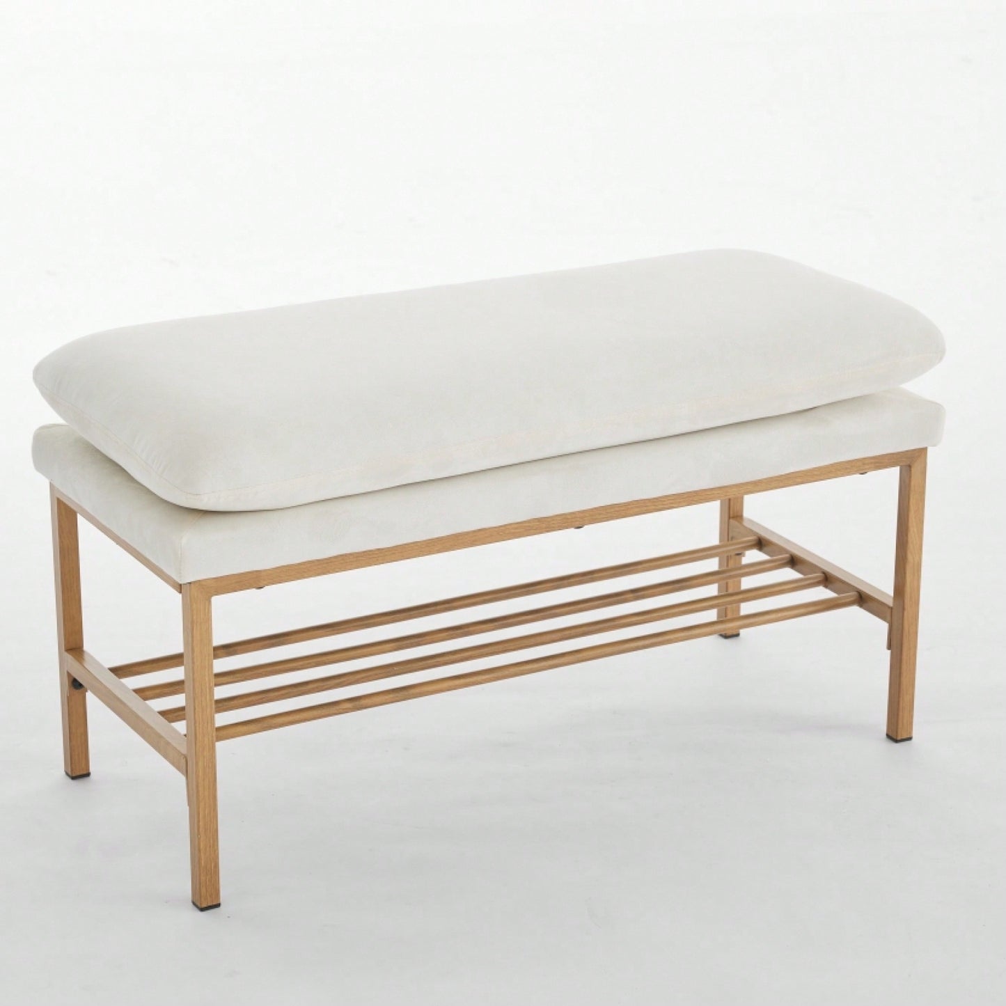 Beige Linen Upholstered End of Bed Bench with Metal Legs and Shelf - Stylish Storage for Living Room Entryway Dining Room Supports 300 LB