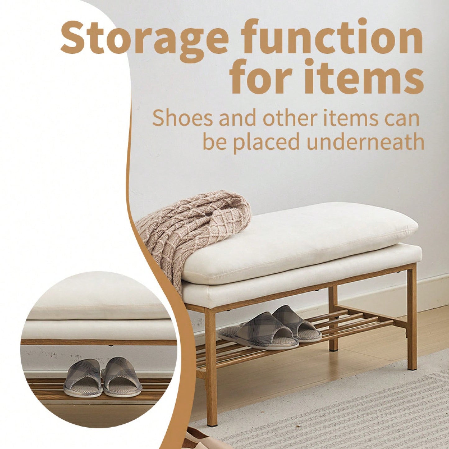 Beige Linen Upholstered End of Bed Bench with Metal Legs and Shelf - Stylish Storage for Living Room Entryway Dining Room Supports 300 LB