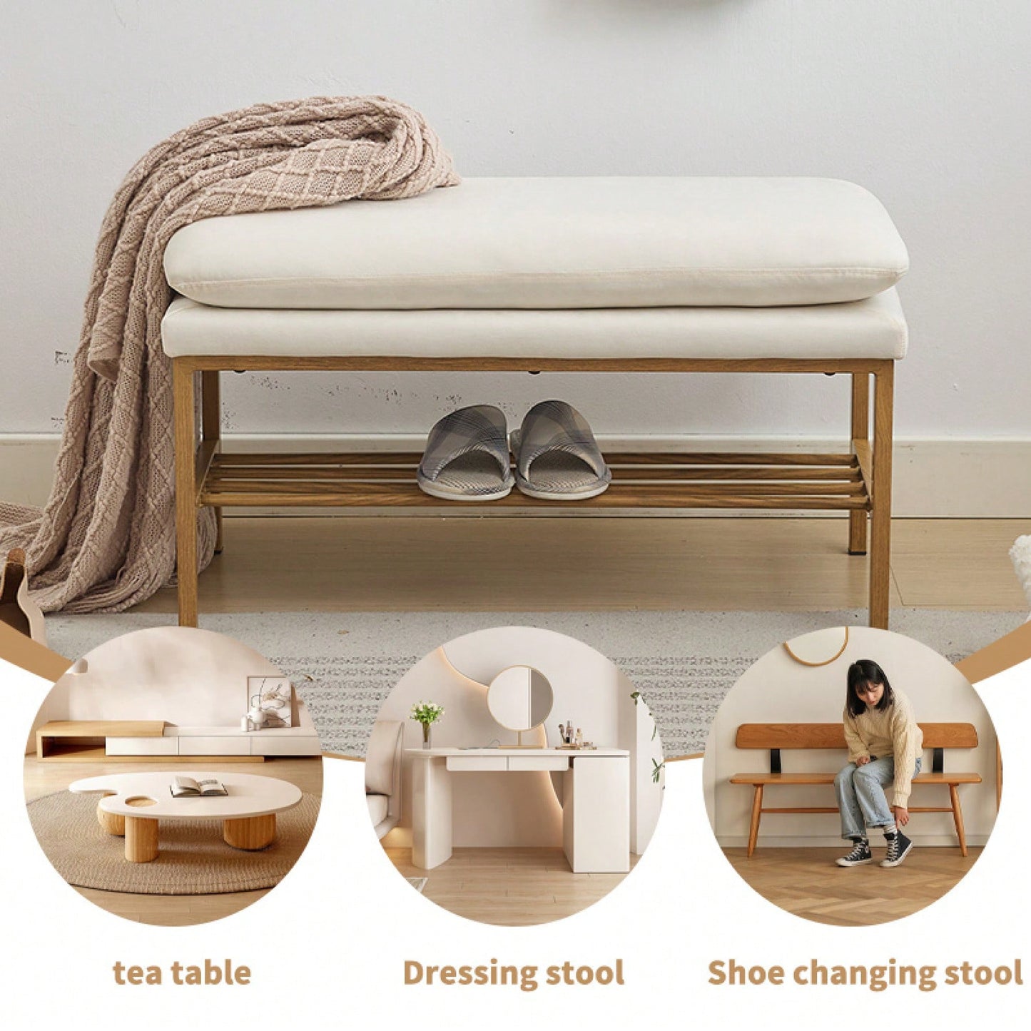 Beige Linen Upholstered End of Bed Bench with Metal Legs and Shelf - Stylish Storage for Living Room Entryway Dining Room Supports 300 LB