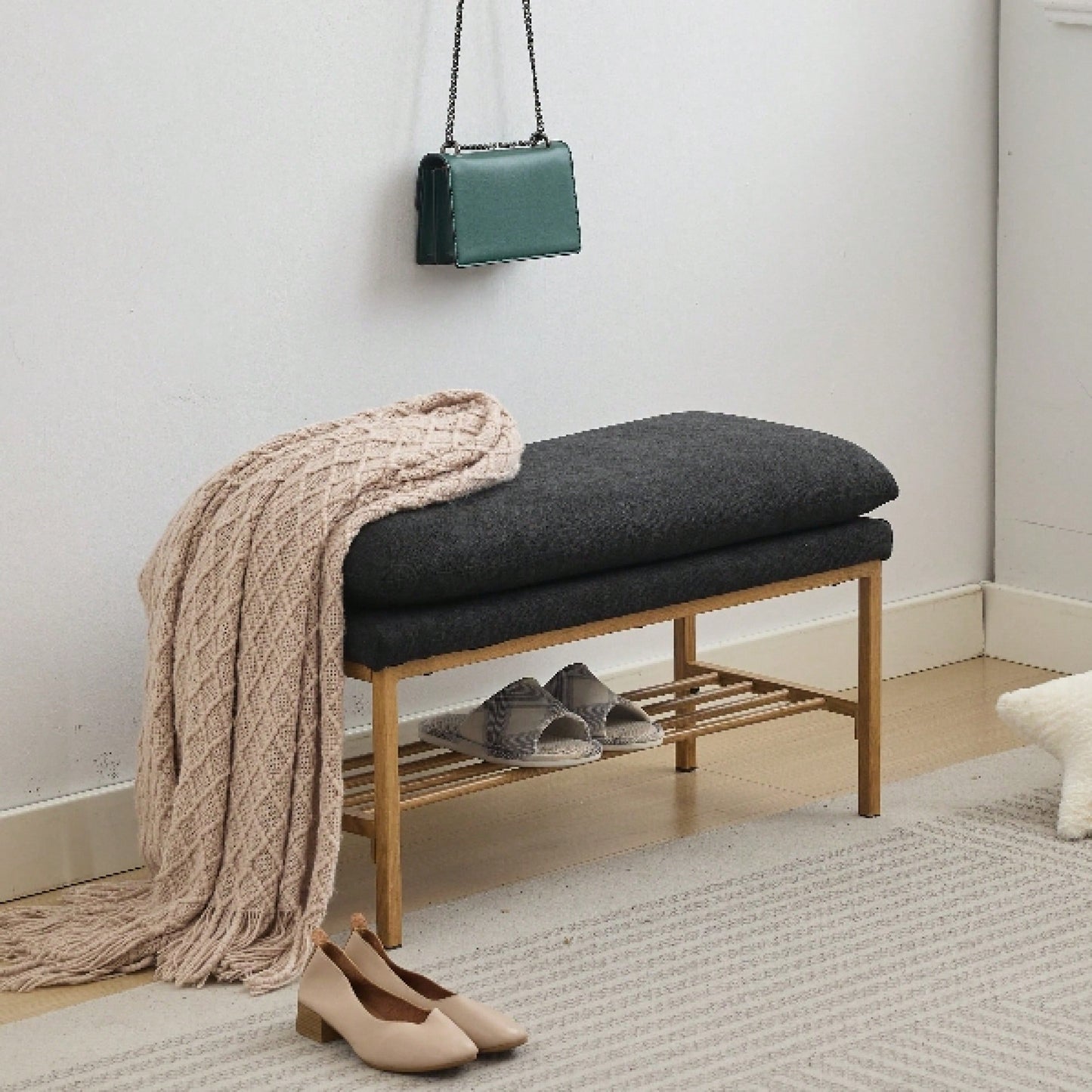 Beige Linen Upholstered End of Bed Bench with Metal Legs and Shelf - Stylish Storage for Living Room Entryway Dining Room Supports 300 LB