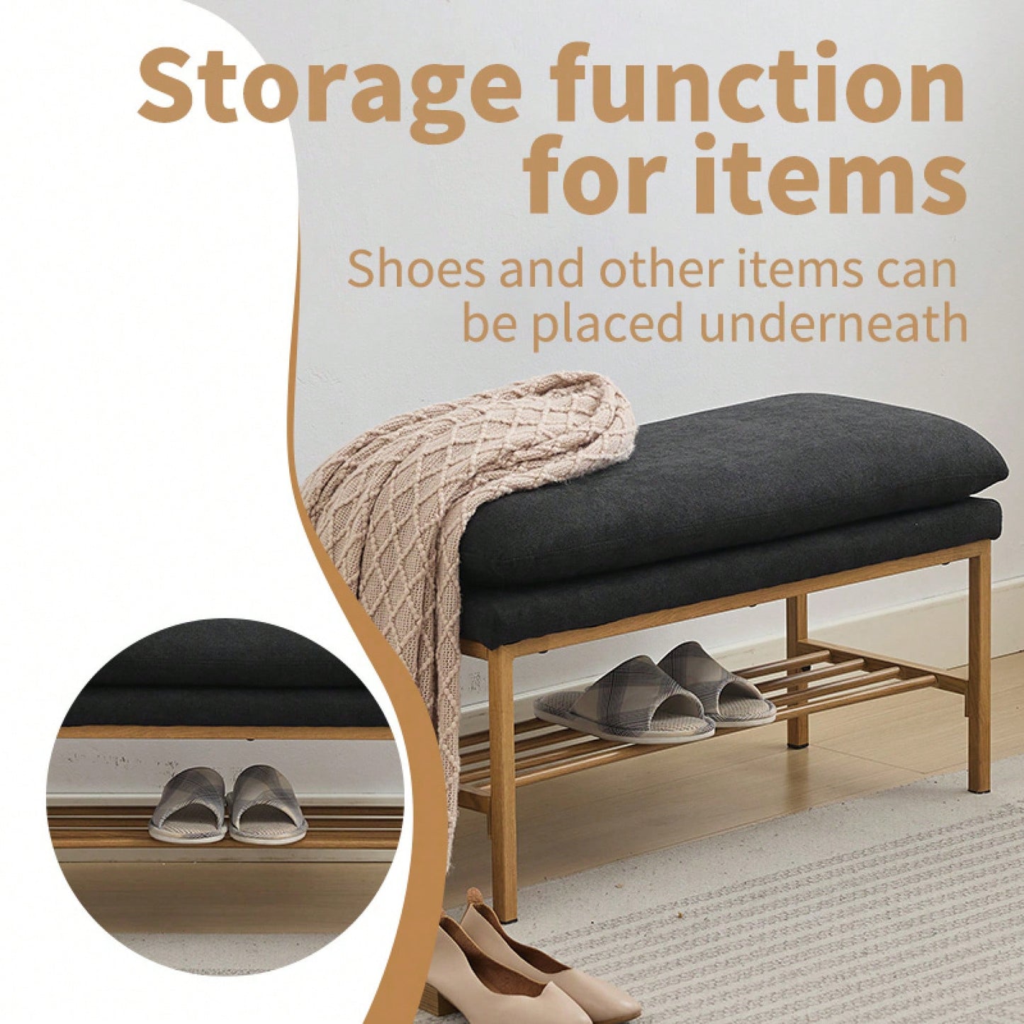 Beige Linen Upholstered End of Bed Bench with Metal Legs and Shelf - Stylish Storage for Living Room Entryway Dining Room Supports 300 LB