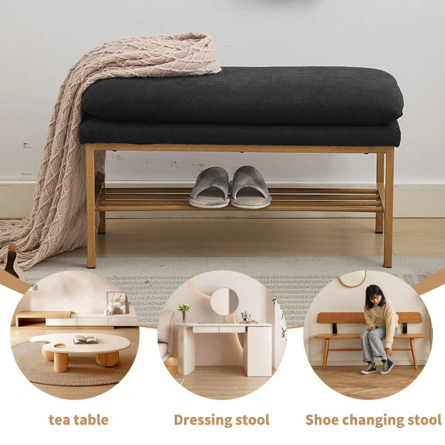 Beige Linen Upholstered End of Bed Bench with Metal Legs and Shelf - Stylish Storage for Living Room Entryway Dining Room Supports 300 LB