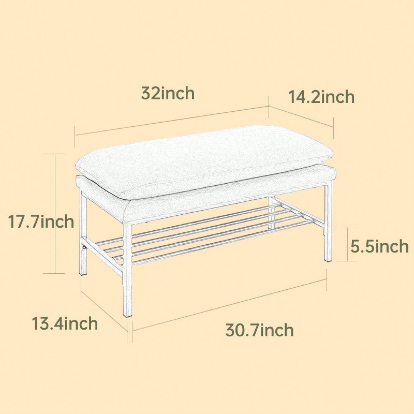Beige Linen Upholstered End of Bed Bench with Metal Legs and Shelf - Stylish Storage for Living Room Entryway Dining Room Supports 300 LB