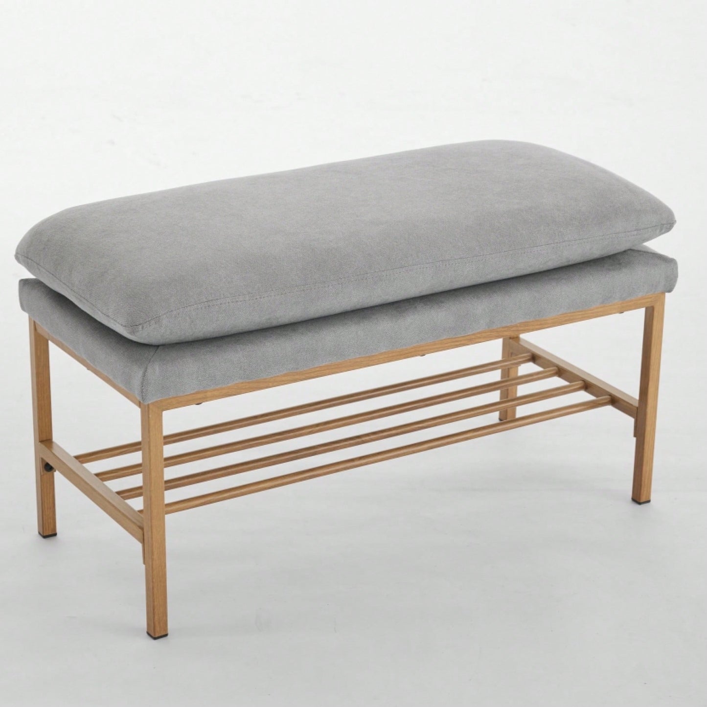 Beige Linen Upholstered End of Bed Bench with Metal Legs and Shelf - Stylish Storage for Living Room Entryway Dining Room Supports 300 LB