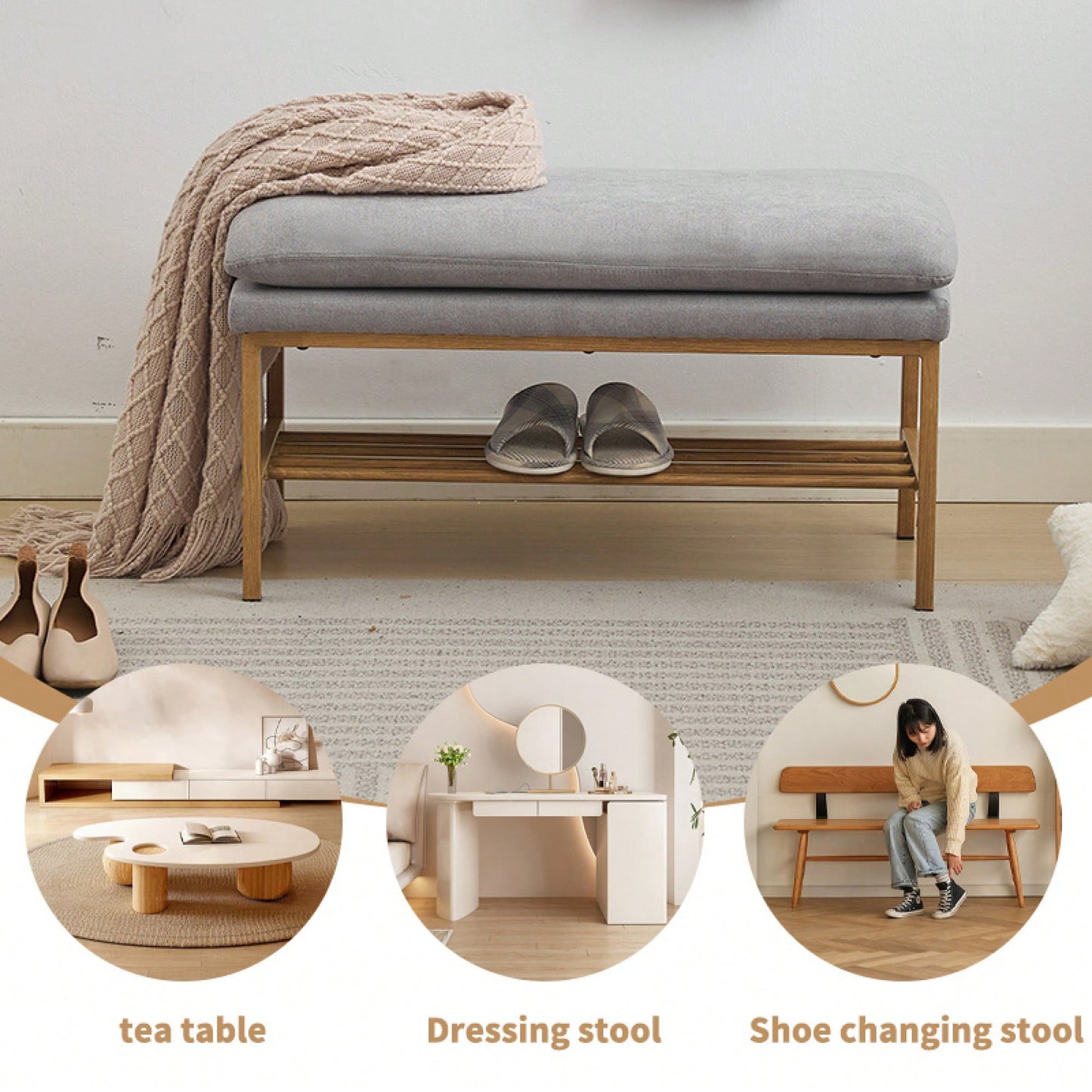 Beige Linen Upholstered End of Bed Bench with Metal Legs and Shelf - Stylish Storage for Living Room Entryway Dining Room Supports 300 LB