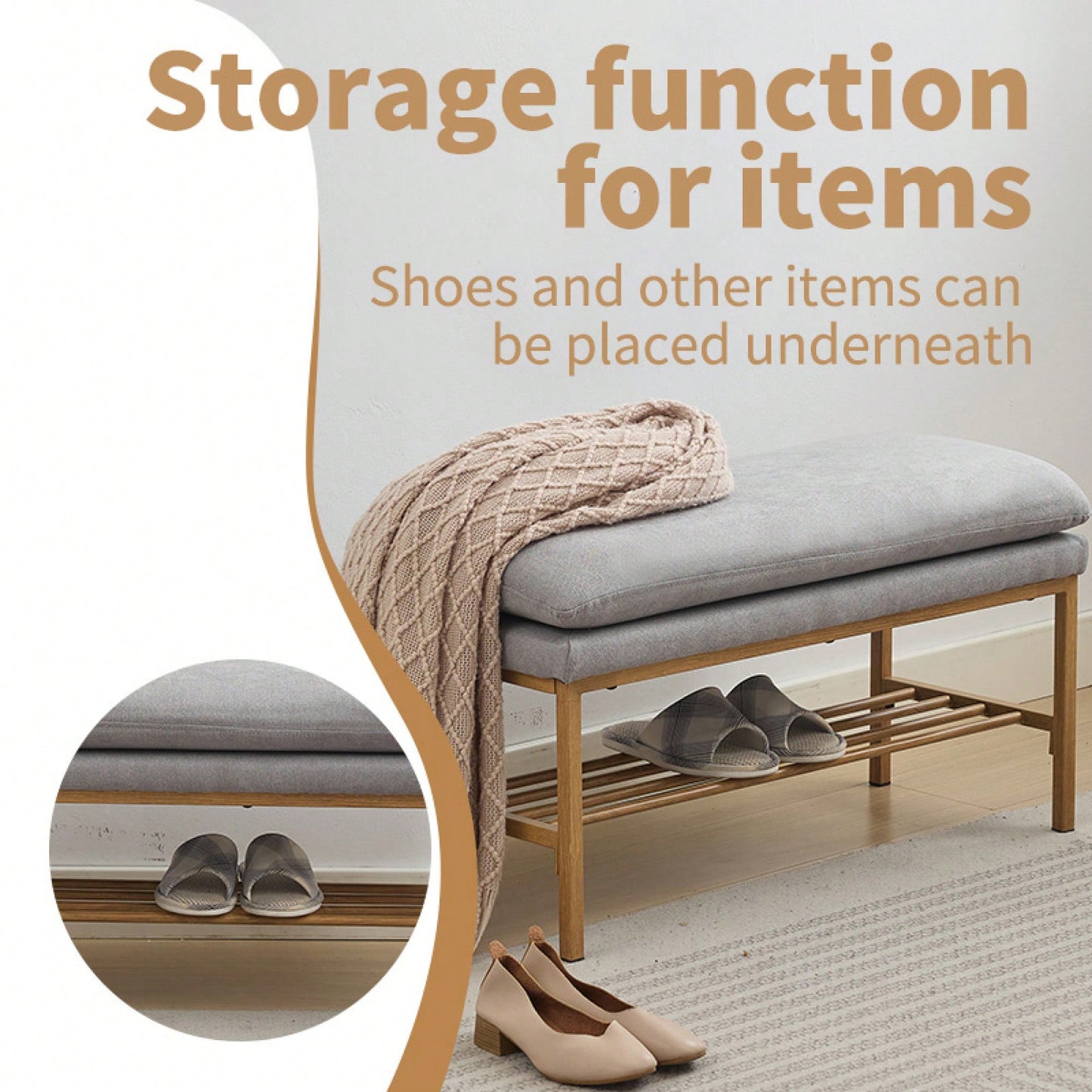 Beige Linen Upholstered End of Bed Bench with Metal Legs and Shelf - Stylish Storage for Living Room Entryway Dining Room Supports 300 LB