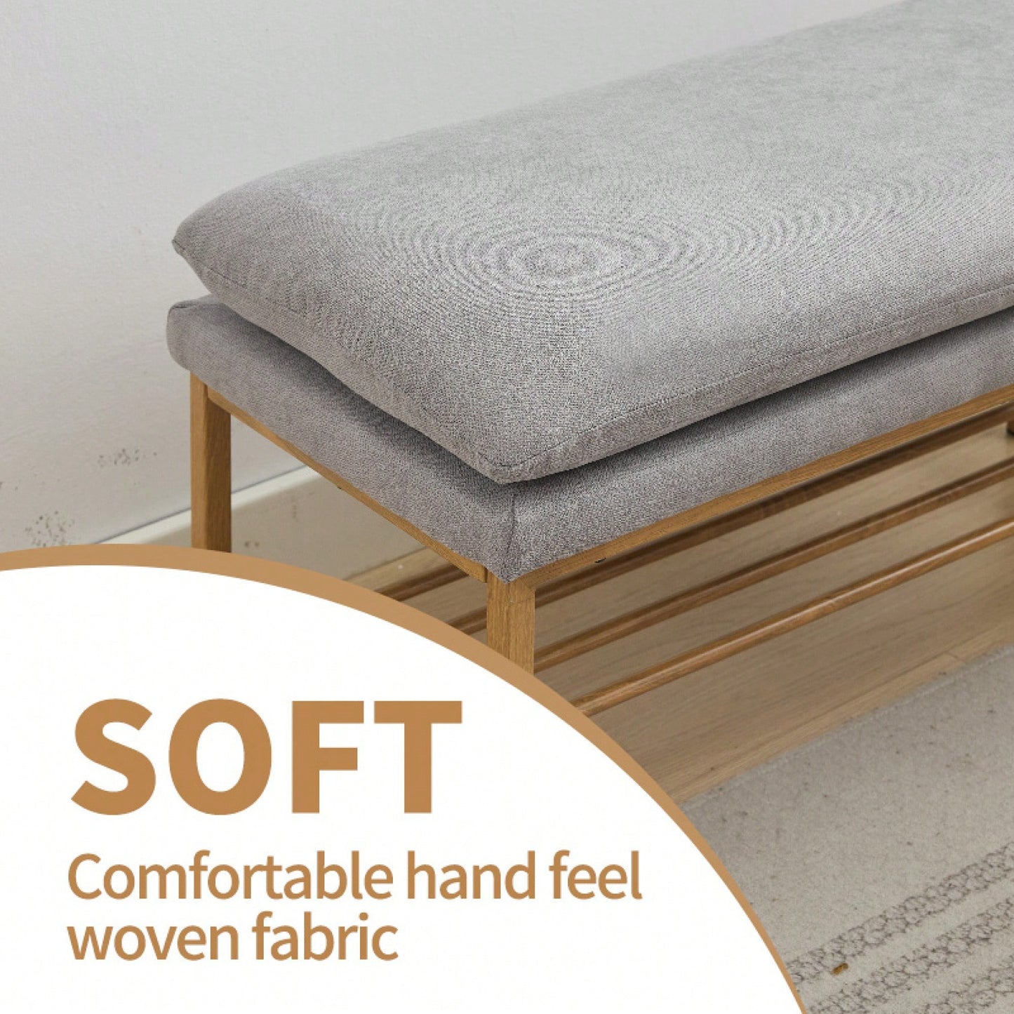 Beige Linen Upholstered End of Bed Bench with Metal Legs and Shelf - Stylish Storage for Living Room Entryway Dining Room Supports 300 LB