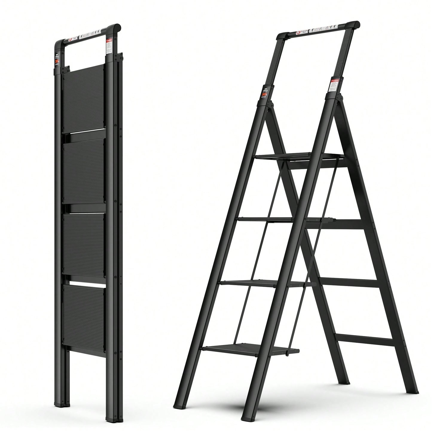 4-Step Folding Ladder With Retractable Handgrip And Anti-Slip Wide Pedal – Durable Aluminum Design, Supports 300lbs For Safe Household Use