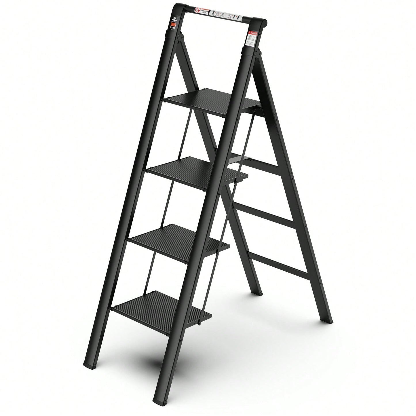 4-Step Folding Ladder With Retractable Handgrip And Anti-Slip Wide Pedal – Durable Aluminum Design, Supports 300lbs For Safe Household Use