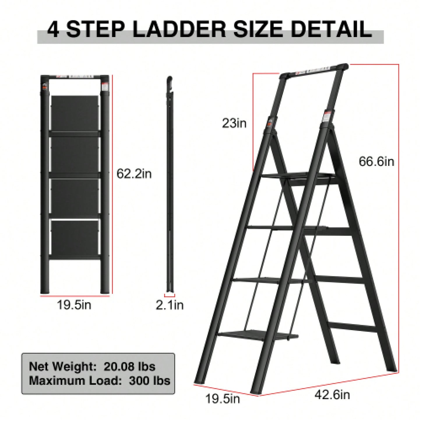 4-Step Folding Ladder With Retractable Handgrip And Anti-Slip Wide Pedal – Durable Aluminum Design, Supports 300lbs For Safe Household Use