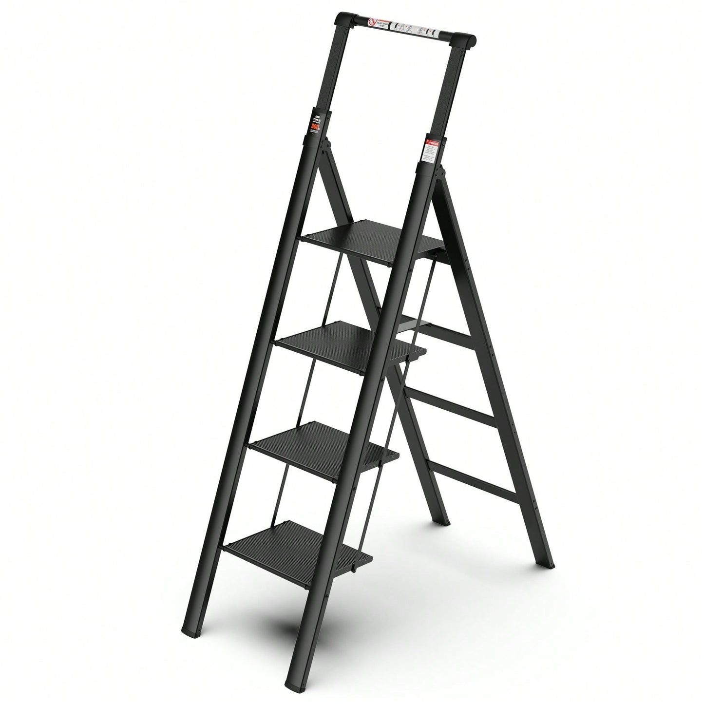 4-Step Folding Ladder With Retractable Handgrip And Anti-Slip Wide Pedal – Durable Aluminum Design, Supports 300lbs For Safe Household Use