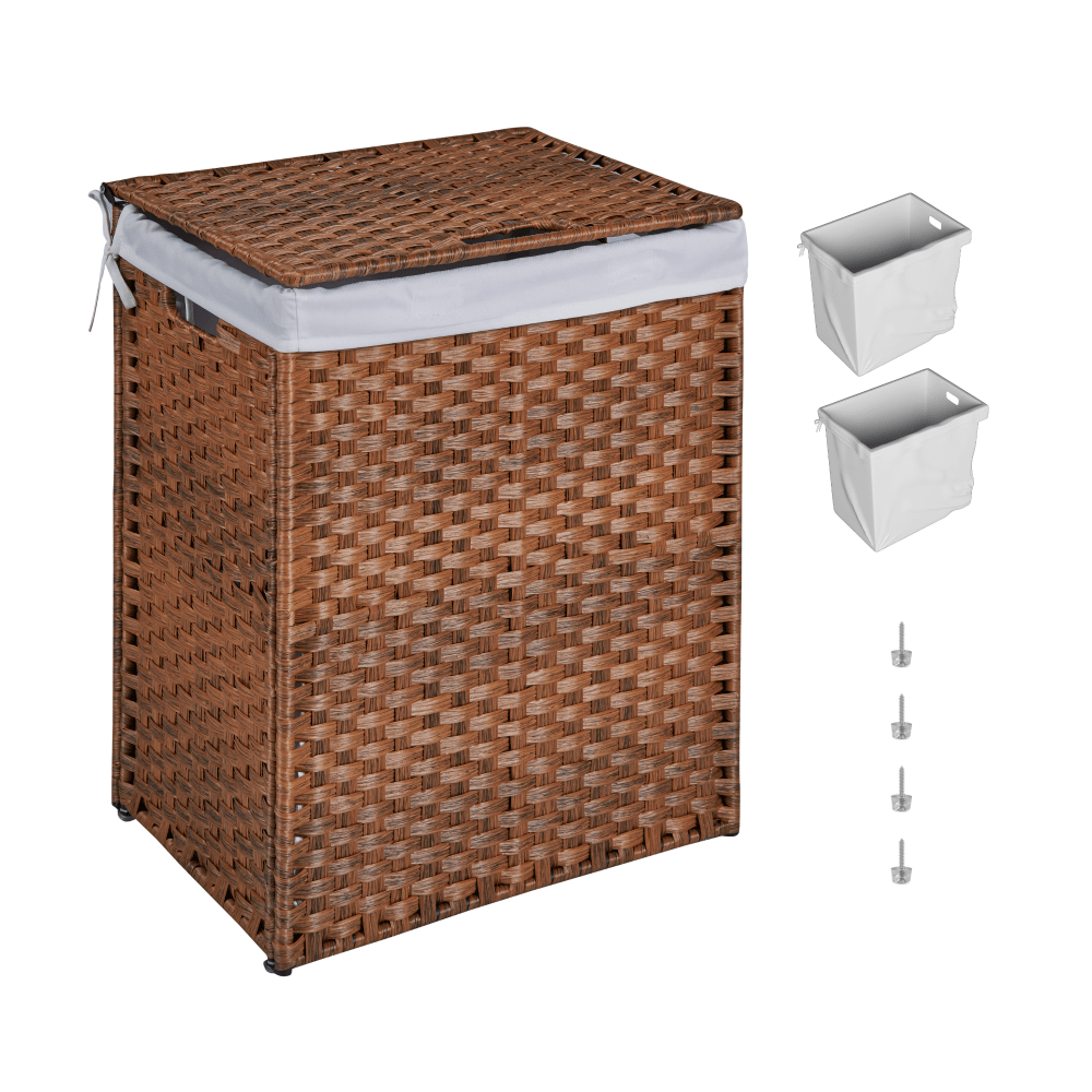 Stylish Brown Laundry Hamper With Lid, 100L Capacity, PE Rattan Frame & 2 Removable Bags For Easy Sorting