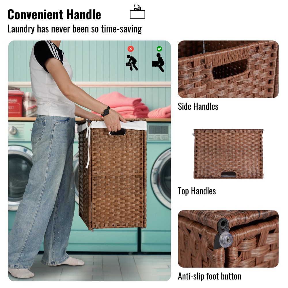 Stylish Brown Laundry Hamper With Lid, 100L Capacity, PE Rattan Frame & 2 Removable Bags For Easy Sorting