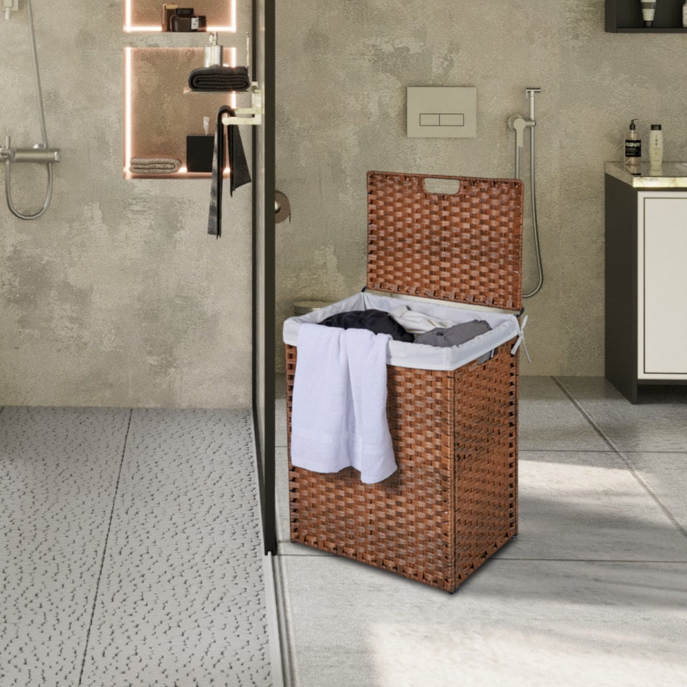 Stylish Brown Laundry Hamper With Lid, 100L Capacity, PE Rattan Frame & 2 Removable Bags For Easy Sorting