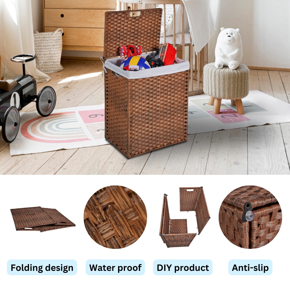 Stylish Brown Laundry Hamper With Lid, 100L Capacity, PE Rattan Frame & 2 Removable Bags For Easy Sorting