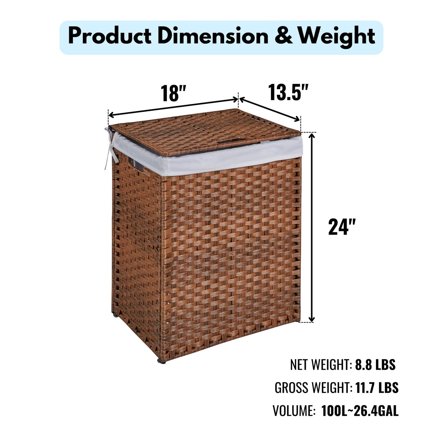Stylish Brown Laundry Hamper With Lid, 100L Capacity, PE Rattan Frame & 2 Removable Bags For Easy Sorting