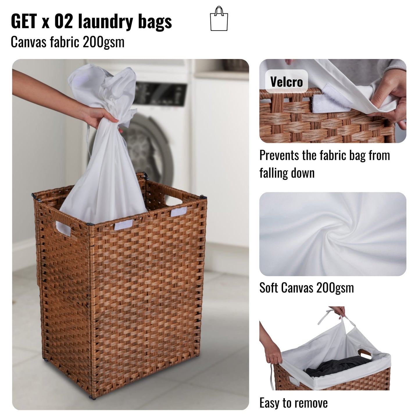 Stylish Brown Laundry Hamper With Lid, 100L Capacity, PE Rattan Frame & 2 Removable Bags For Easy Sorting