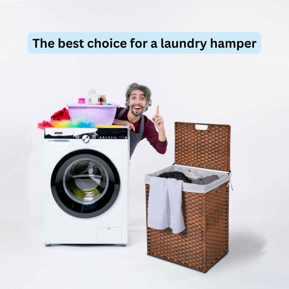 Stylish Brown Laundry Hamper With Lid, 100L Capacity, PE Rattan Frame & 2 Removable Bags For Easy Sorting